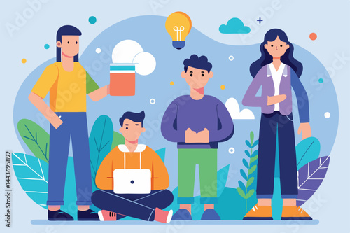 Diverse team members brainstorm ideas; an illuminated bulb glows brightly above everyone in the group