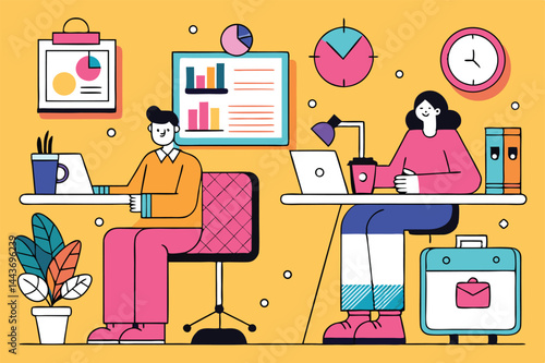 Wallpaper Mural Two young professionals are working at their desk from home in a colorful setting Torontodigital.ca