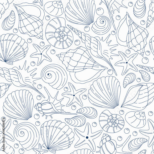 Seamless pattern with blue outlined seashells and starfish on a light background. Delicate marine design ideal for summer invitations, packaging, textiles, and ocean-themed projects.

