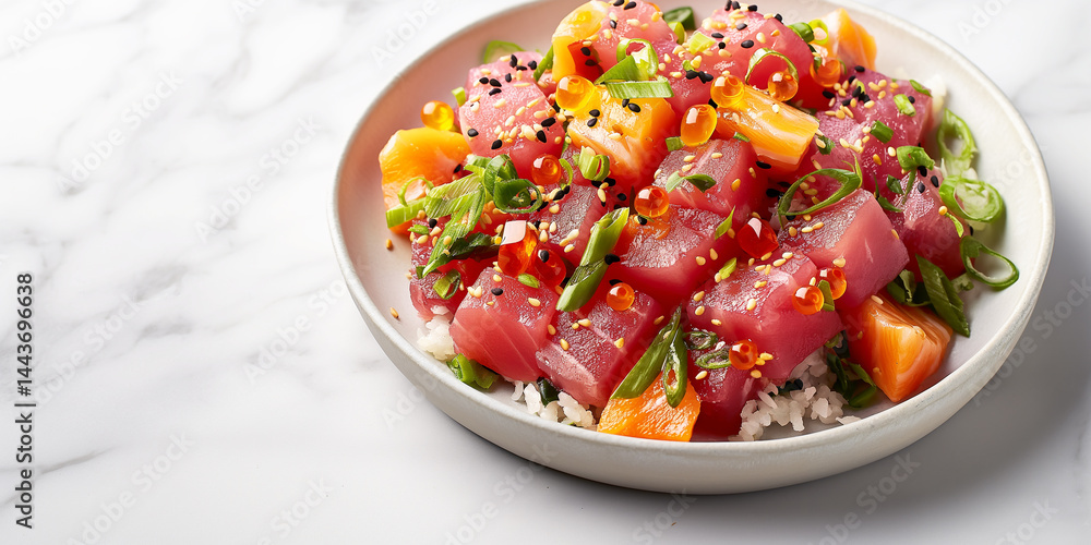 Poke Palette: Vibrant tuna cubes and edamame artfully placed on marble, text zone to the left