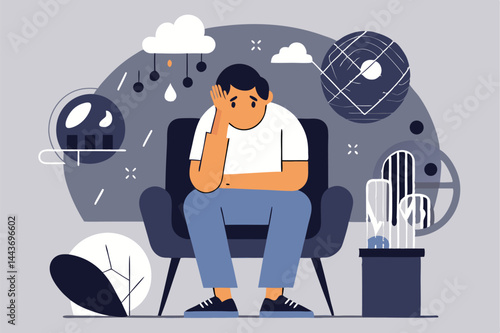 A distressed man sits in an armchair with his hand on his face sadly