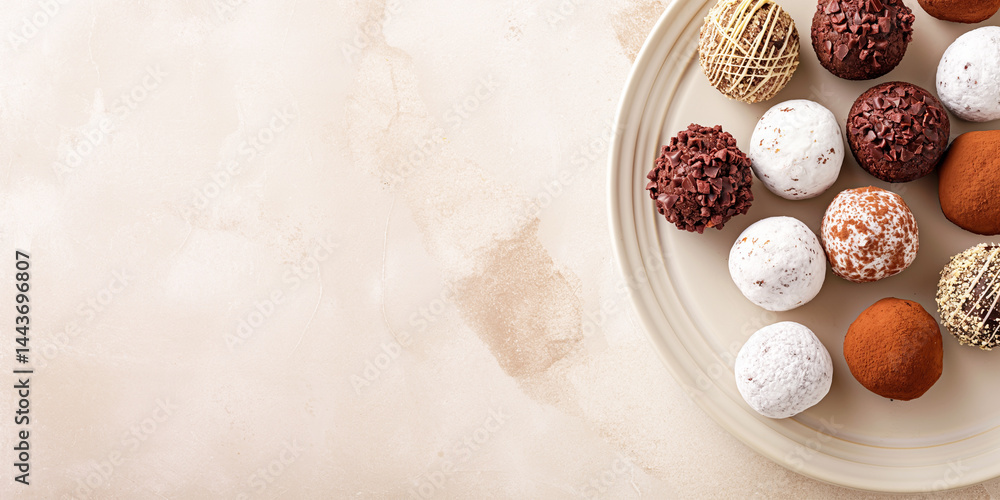 Truffle Trio: Dark chocolate bites clustered right on cream canvas, text area to the left