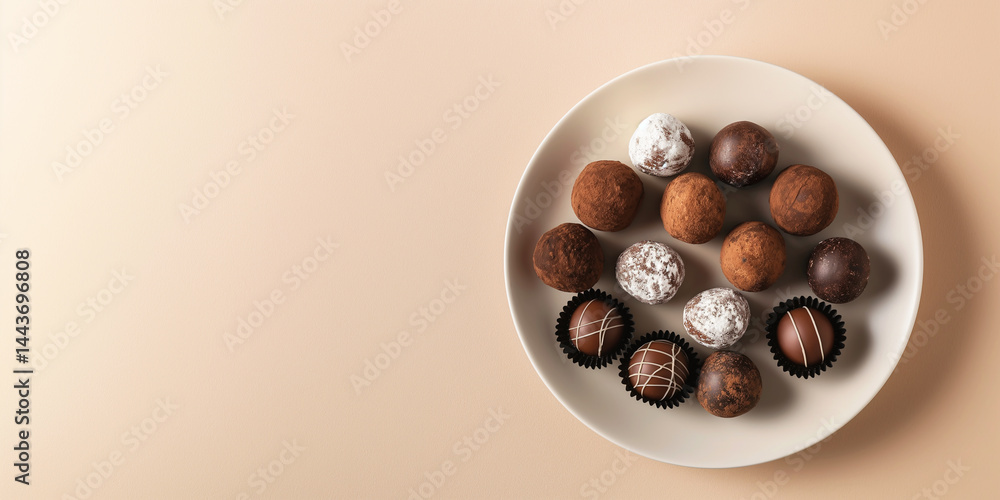Decadent Edge: Gourmet truffles anchor the frame’s right side against the beige plane, soft brown background