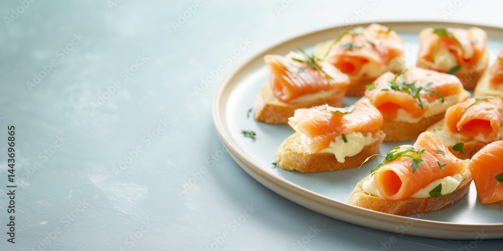 Right-Side Luxe: Salmon toasts rest on the blue margin, blank zone beside