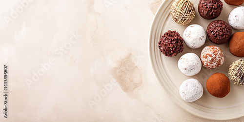 Truffle Trio: Dark chocolate bites clustered right on cream canvas, text area to the left

