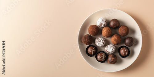 Obraz na płótnie Decadent Edge: Gourmet truffles anchor the frame’s right side against the beige plane, soft brown background w salonie