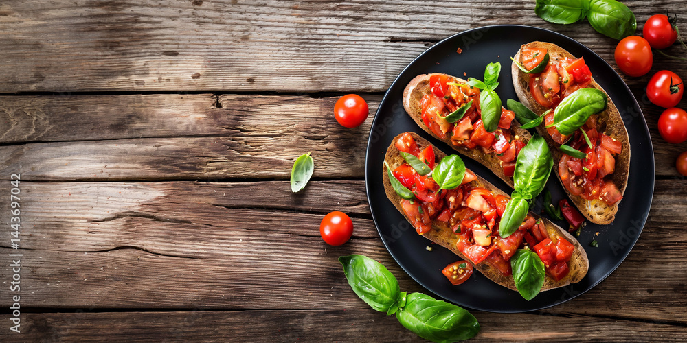 Rustic Toasts: Tomato bruschetta nestled right on weathered wood, text area left
