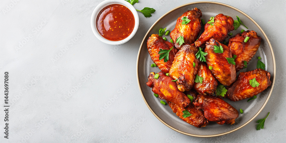 Wing Heat: Spicy glazed wings stacked right on a cool grey field, text area left