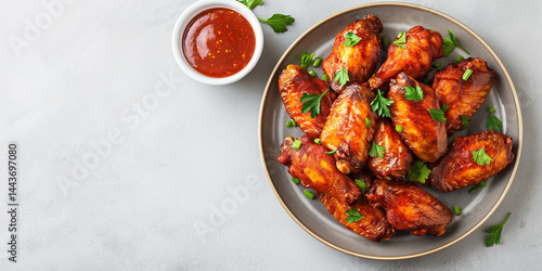 Obraz na płótnie Wing Heat: Spicy glazed wings stacked right on a cool grey field, text area left w salonie
