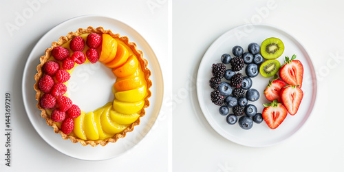 Obraz na płótnie Healthy Dessert Contrast: Fruit Pudding vs. Fresh Strawberry Kiwi on Neutral Background w salonie