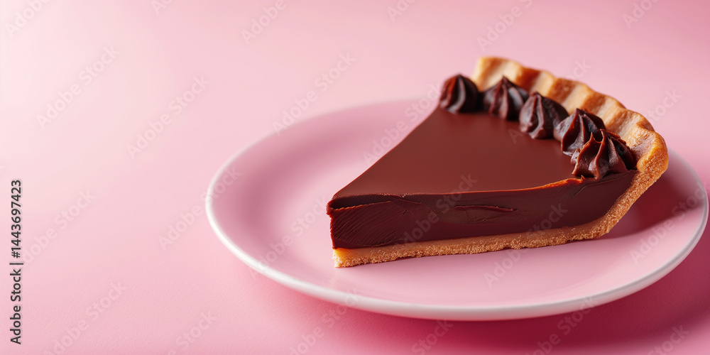 Rich Delight: Moist cocoa cake perched right, blank canvas beside, pink background