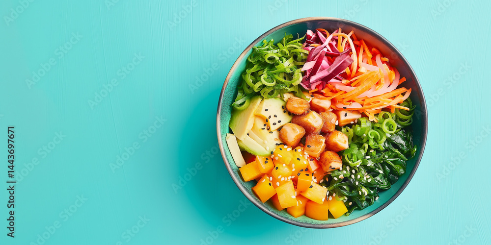 Cyan Canvas: Bright poke bowl floats over a crisp cyan field, ingredients bursting in color