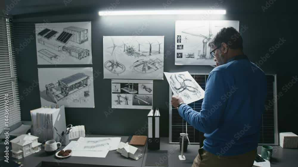 Back view of senior renewable energy engineer looking at schemes of solar panels and wind turbines on wall and developing blueprint picturing windmill rotor blades in sustainable technology office Back view of senior renewable energy engineer looking at schemes of solar panels and wind turbines on wall and developing blueprint picturing windmill rotor blades in sustainable technology office