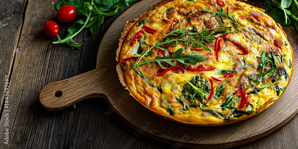 Rustic Egg Plate: Vibrant frittata wedge on wood cutting board plating, with vegie decor