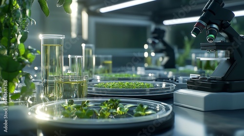 Scientific Research Plant Growth Lab Microscope Study Botany test green tubes glass petri fluid     