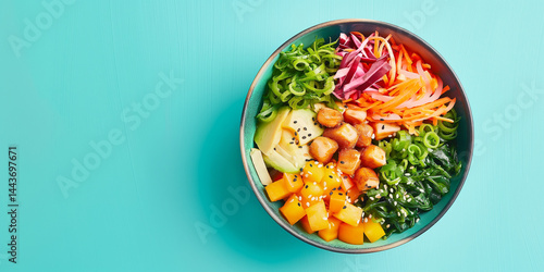 Obraz na płótnie Cyan Canvas: Bright poke bowl floats over a crisp cyan field, ingredients bursting in color w salonie