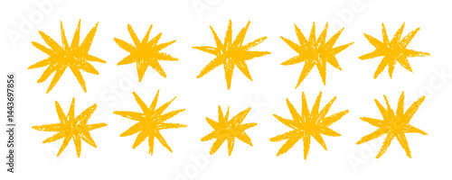 Collection of crayon drawn funky yellow stars. Fun kid star shapes. Childish drawing cosmic illustration.