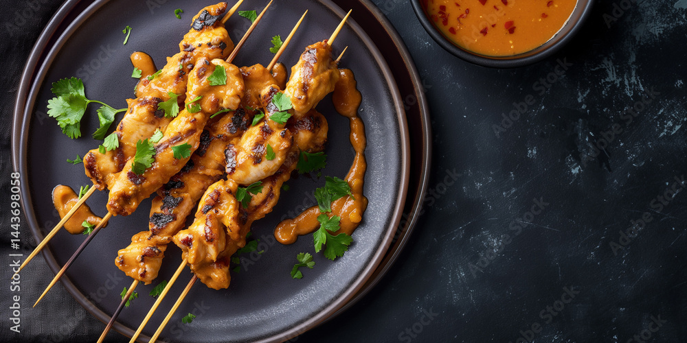 Peanut Pop: Chicken sticks rest on minimal plate, sticky sauce highlighted against calm backdrop