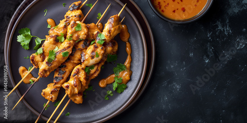 Obraz na płótnie Peanut Pop: Chicken sticks rest on minimal plate, sticky sauce highlighted against calm backdrop w salonie
