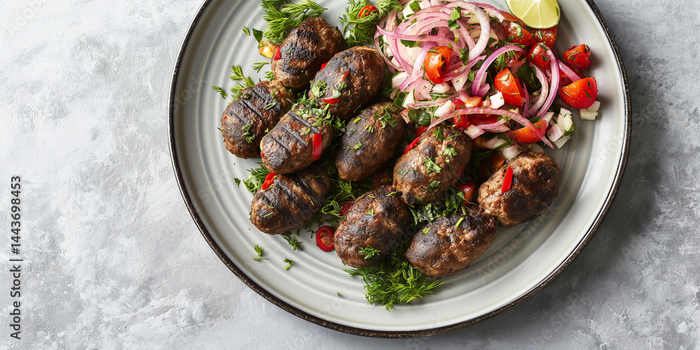 Savory Kofta on Minimalist Plate for Middle Eastern Ads