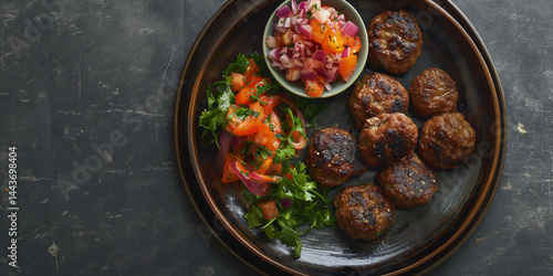Obraz na płótnie Spiced Kofta: Lamb meatballs and colorful sides rest on a sleek black canvas, text area clear w salonie