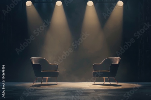 Elegant podcast studio with two chairs facing each other under spotlights, dark background with space for branding or media elements