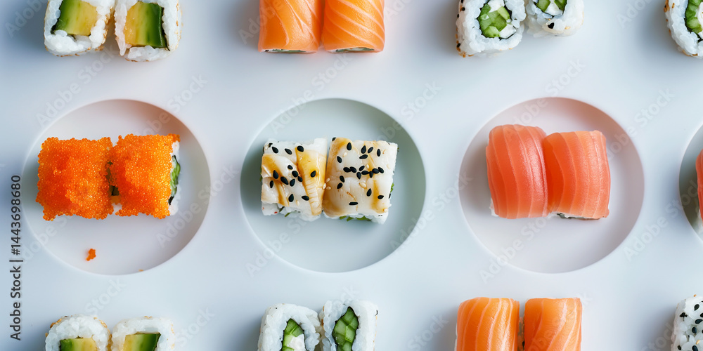 Roll Parade: Colorful sushi rolls arranged in precise rows against a stark white canvas