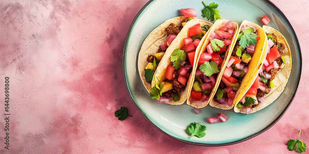Blush Tacos: Veggie and meat tacos set on pink field, copy space beside