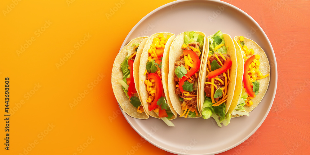 Happy Tacos: Spicy tacos seated on bold orange background, blank area adjacent
