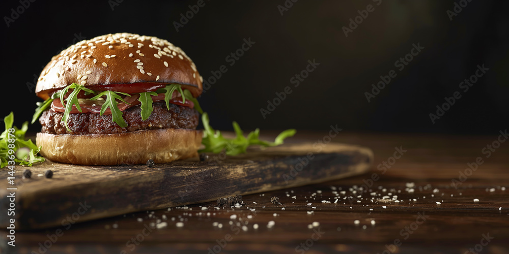 Burger Bliss: Juicy patty and golden bun on a timber plank, blank zone above