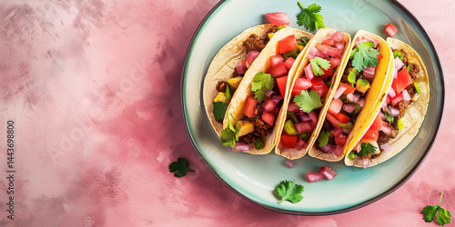 Obraz na płótnie Blush Tacos: Veggie and meat tacos set on pink field, copy space beside w salonie