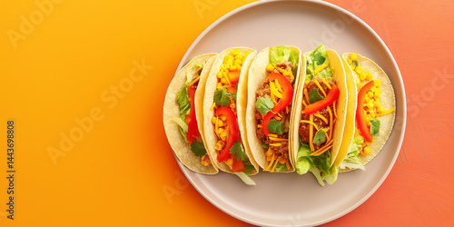 Obraz na płótnie Happy Tacos: Spicy tacos seated on bold orange background, blank area adjacent w salonie