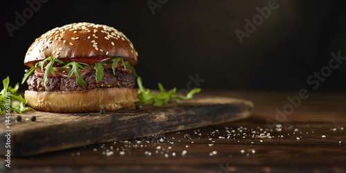 Obraz na płótnie Burger Bliss: Juicy patty and golden bun on a timber plank, blank zone above w salonie