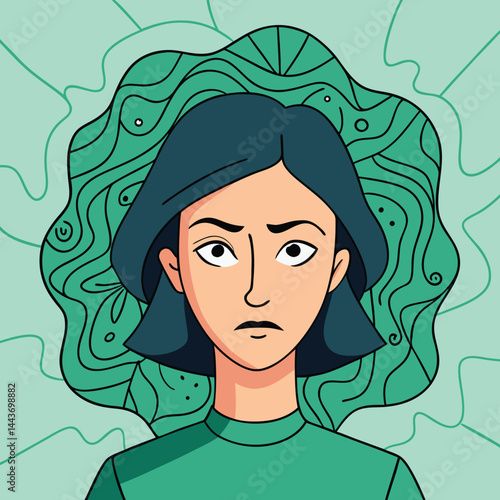 Asian woman with a sullen expression stands against an abstract green backdrop
