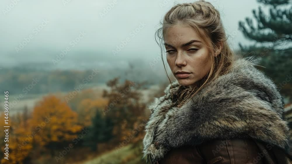 Stylish Woman in Fur Coat Poses Elegantly on Scenic Hilltop Stylish Woman in Fur Coat Poses Elegantly on Scenic Hilltop