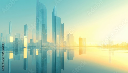 Fototapeta Naklejka Na Ścianę i Meble -  Sunrise cityscape reflecting in tranquil water.  Modern, futuristic city