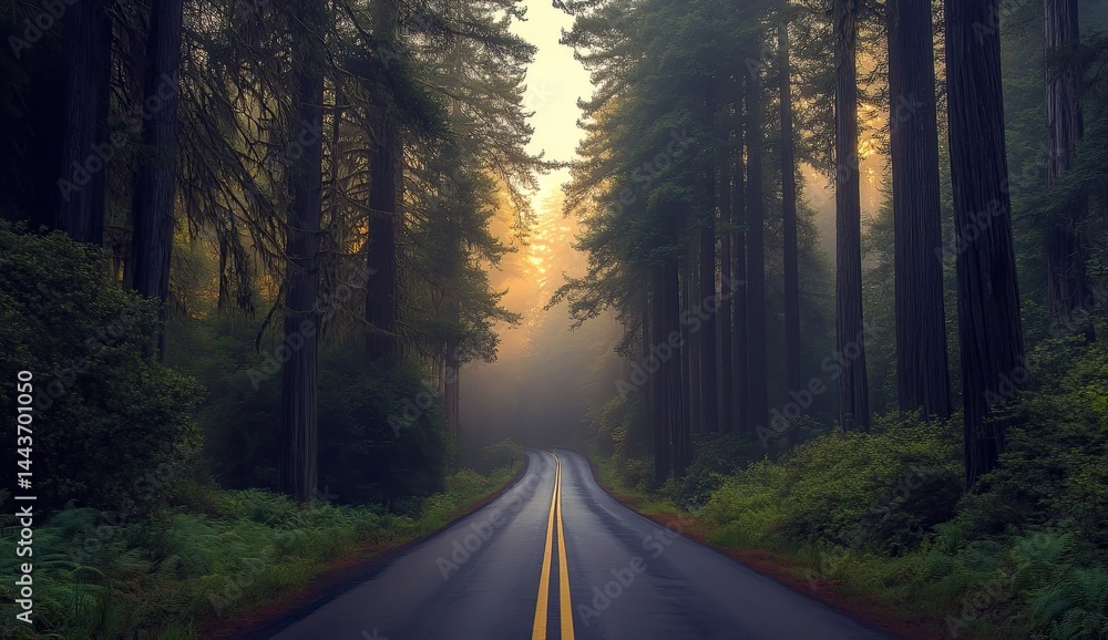 Fototapeta premium Misty forest road at dawn. Sunlight peeks through tall trees