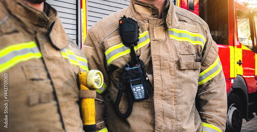 Firefighter team - firemen equipped with emergency services response firefighting crew uniform and gear near fire engine. Department red fire truck appliance from fire station is in scene background.