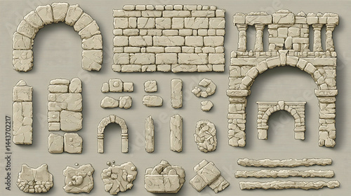 Stone archway, wall, column, and rubble pieces; ancient ruins game asset; background neutral