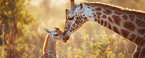 Giraffe mother lovingly nuzzles her baby giraffe in nature
