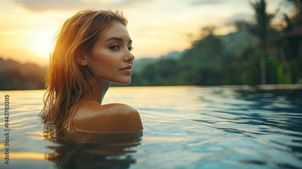 Woman relaxing in pool at sunset Woman relaxing in pool at sunset