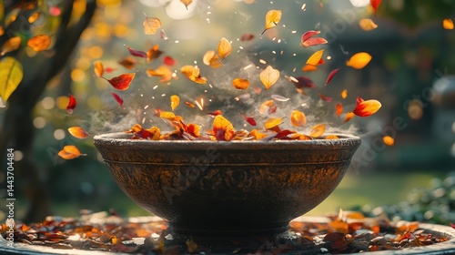 Autumn leaves swirling from a decorative bowl.  Falling leaves in a garden fountain