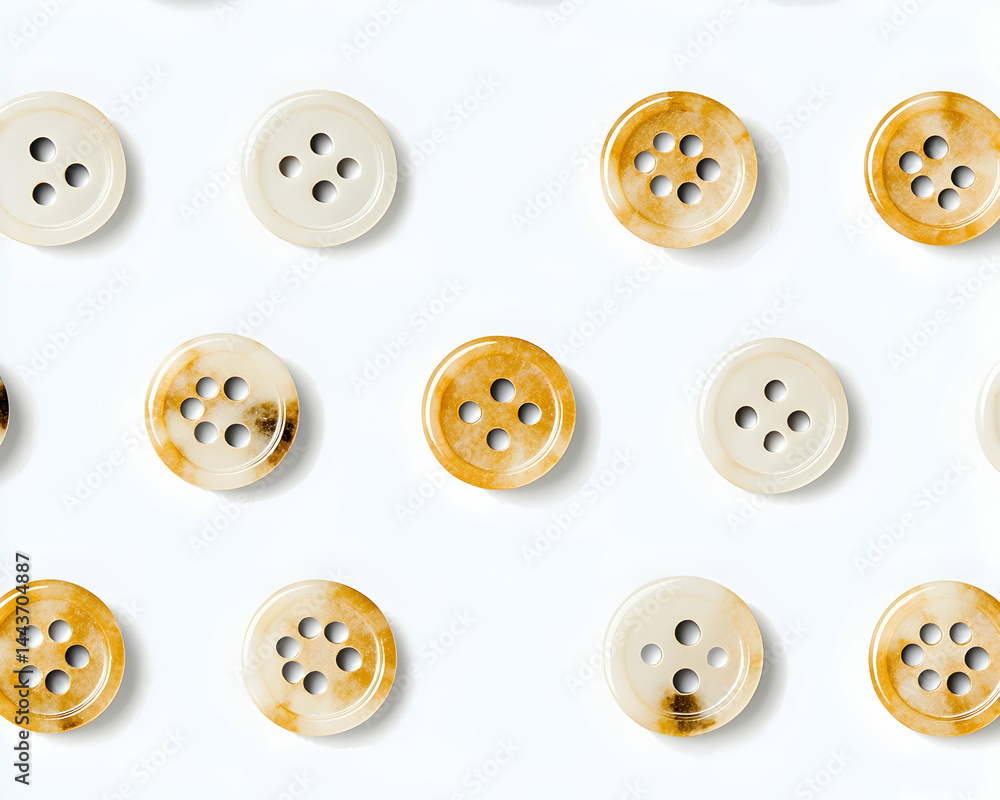 Obraz premium Beige and white buttons pattern on white background, flat lay, crafting supplies, textile texture