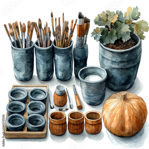 Peruvian Gourd Carving Toolkit, watercolor vector, isolated on a white background.