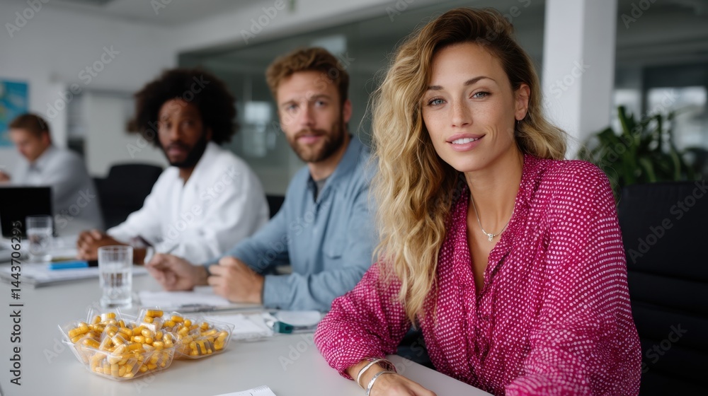 Fototapeta premium Diverse group of professionals sitting at a conference table in a modern office with a bowl of capsules in the foreground