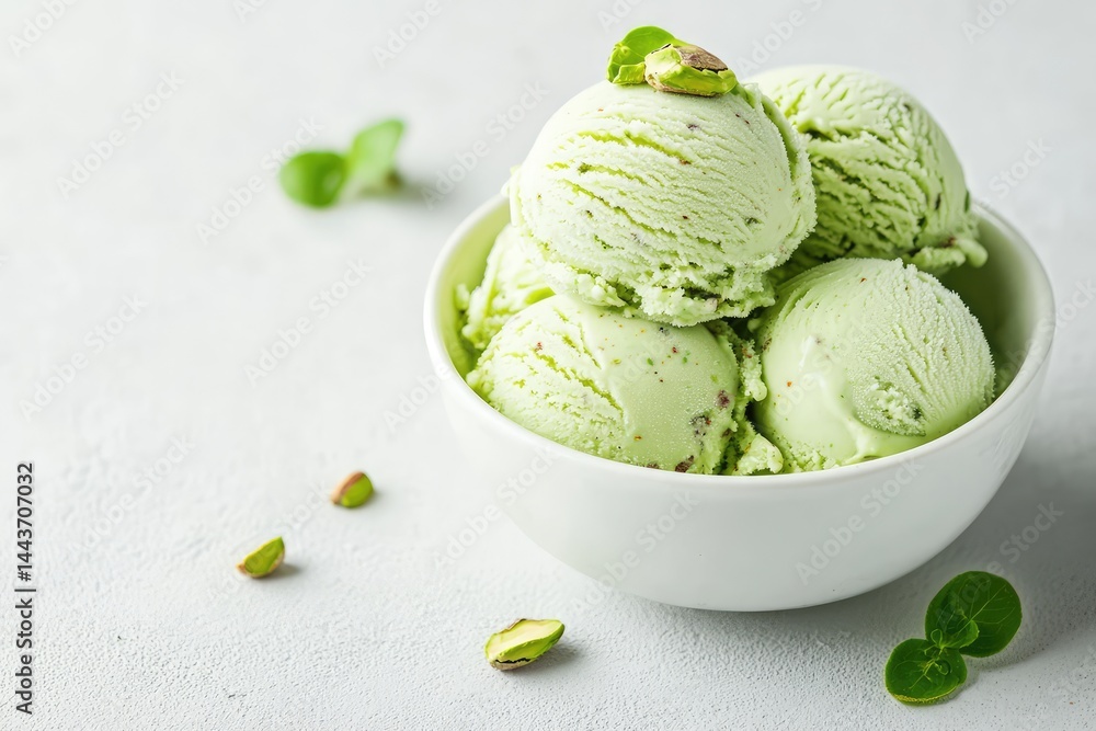 Pistachio ice cream in a bowl on a white background. AI generated illustration. Pistachio ice cream in a bowl on a white background. AI generated illustration.