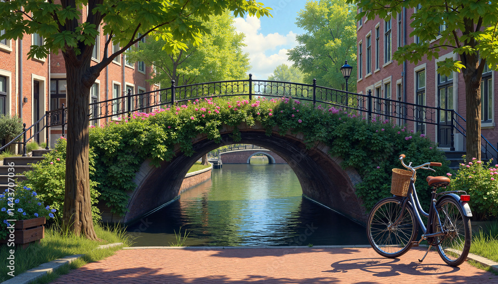 Serene canal scene with a bridge and bicycle under green trees, Bicycle with flowers, Earth Day