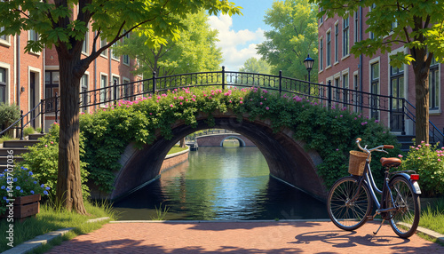 Obraz na płótnie Serene canal scene with a bridge and bicycle under green trees, Bicycle with flowers, Earth Day w salonie