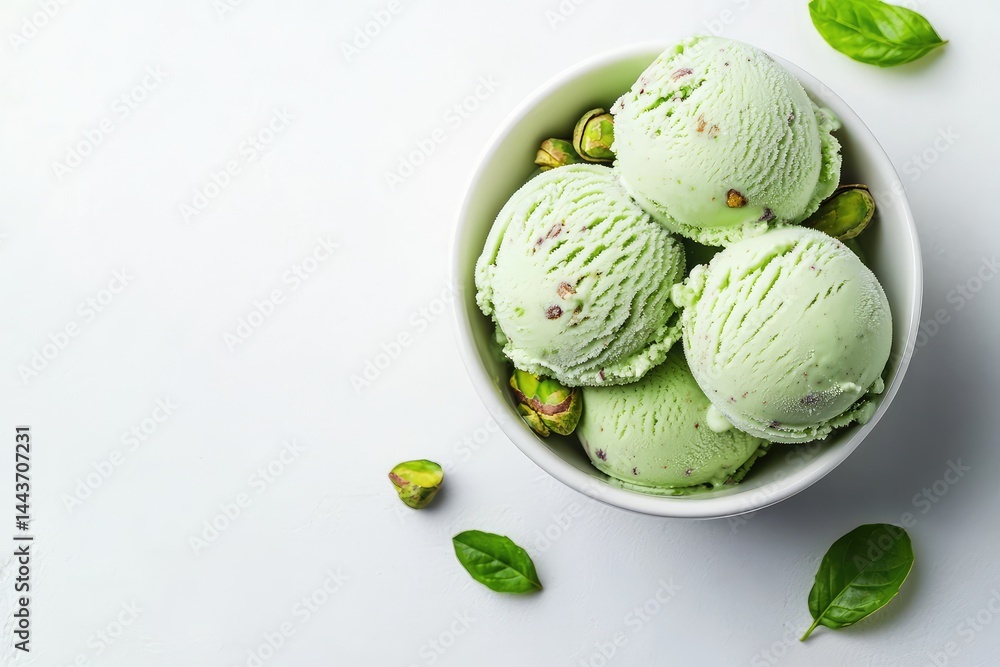 Pistachio ice cream in a bowl on a white background. AI generated illustration. Pistachio ice cream in a bowl on a white background. AI generated illustration.