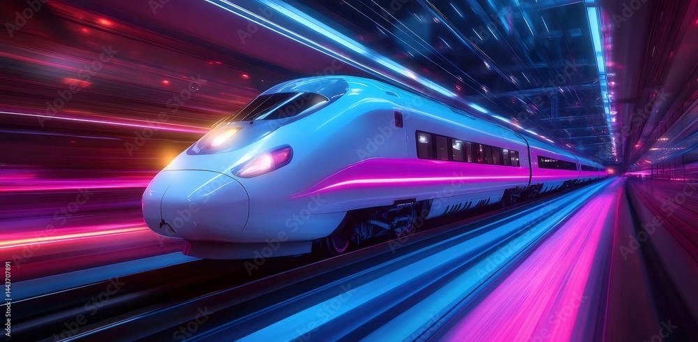 高速鉄道を走る未来的なデザインの電車 鮮やかな青とピンクの光線が背景に 躍動感のある近未来的なイメージ 高速鉄道を走る未来的なデザインの電車 鮮やかな青とピンクの光線が背景に 躍動感のある近未来的なイメージ